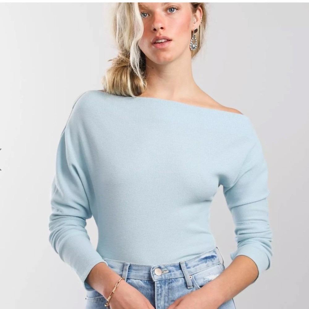 We the Free Fuji‎ Thermal Waffle Knit Top Blue XS Off Shoulder Thumb Holes Boho